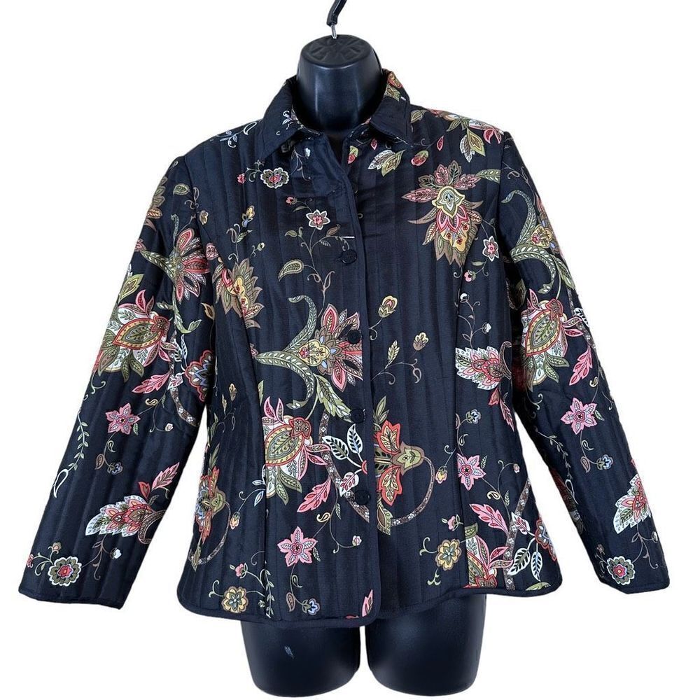 Silkland 100% Black Silk Floral Print Puffer Jacket Women’s Size Petite